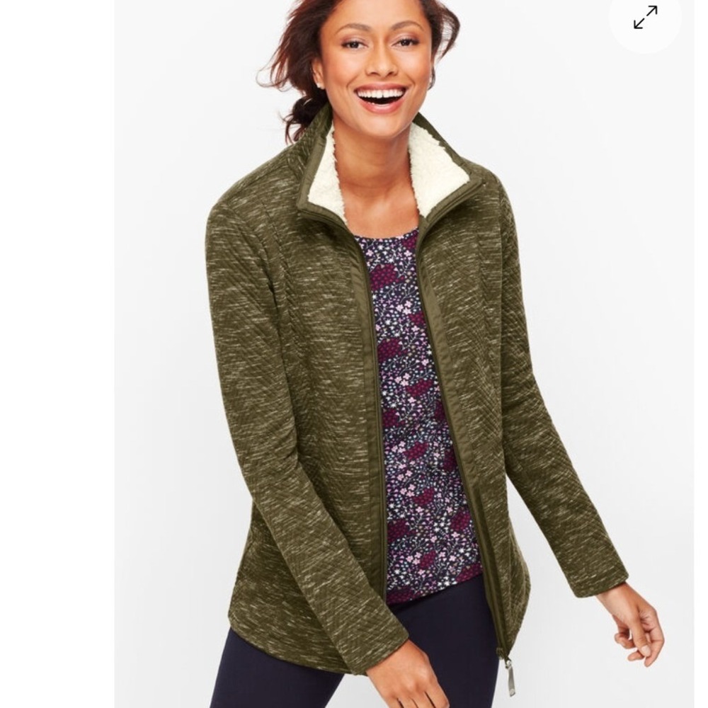 T by Talbots Womens 2X Olive Green Quilted Chevron Sherpa Collar Zip Jacket